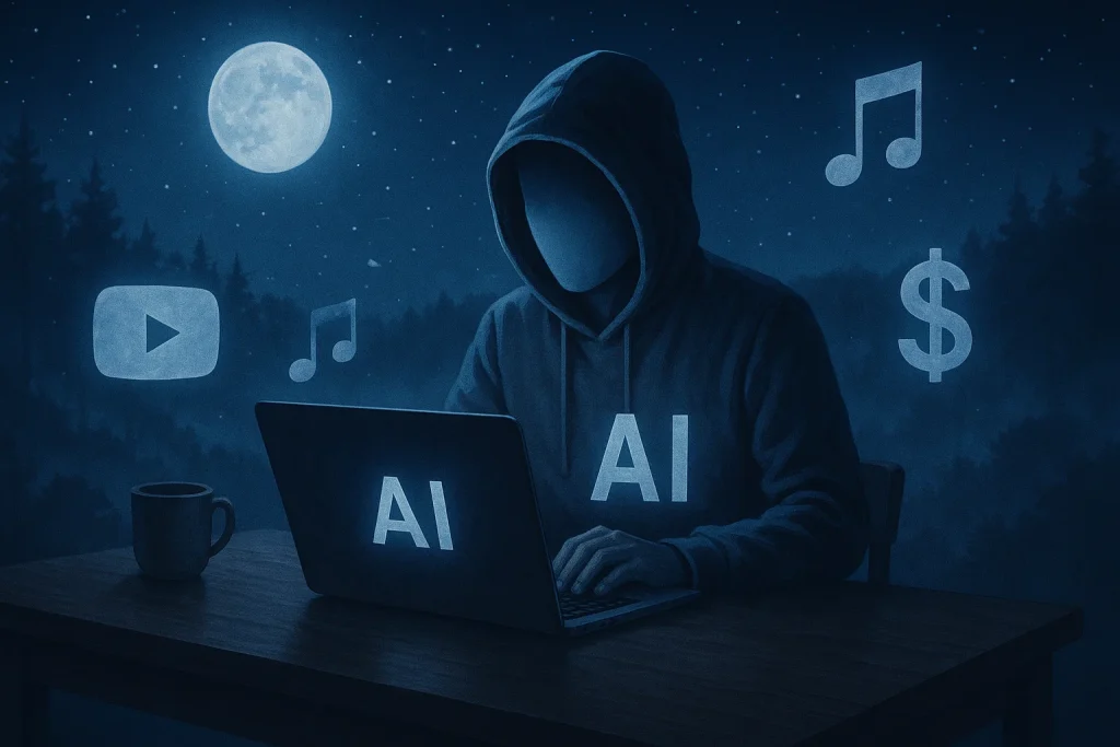 Faceless content creator using AI tools at night to build a sleep music YouTube channel
