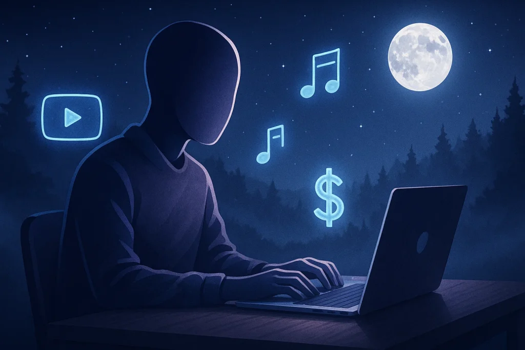 Illustration of YouTube, music, and monetization icons for building a sleep music channel with AI
